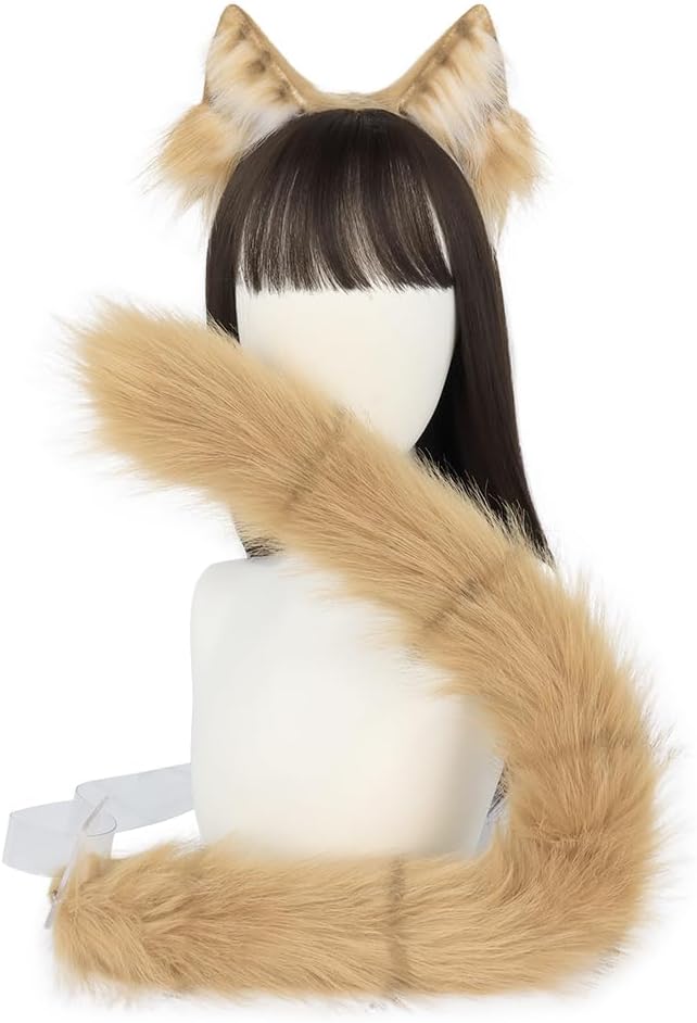 QinRuan Animal Cosplay Costume Accessories Furry Faux Fur Cat Ears Headband and Fox Tail Set Halloween Accessory