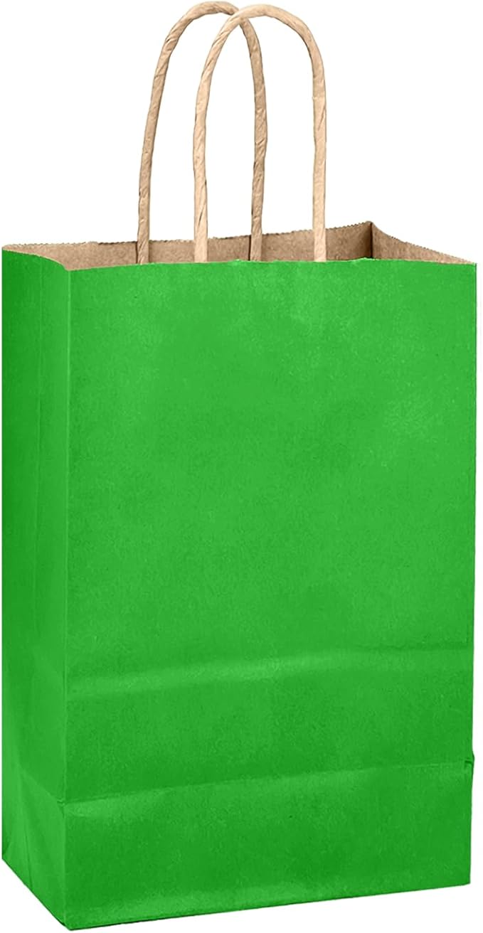 qiqee Bamboo Green Gift Bag with Handles Bulk 24Pcs Paper Bags -10.6"x8.3"x4.3"Party Favor Bags - Solid Color