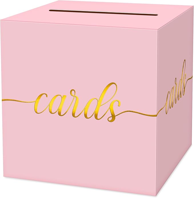 1 Pack Light Pink and Gold Foil Card Box for Party, 8.7" Pink Money Box for Birthday, Wedding, Baby Shower, Retirement, Anniversary, Bridal Shower, Raffle Ticket