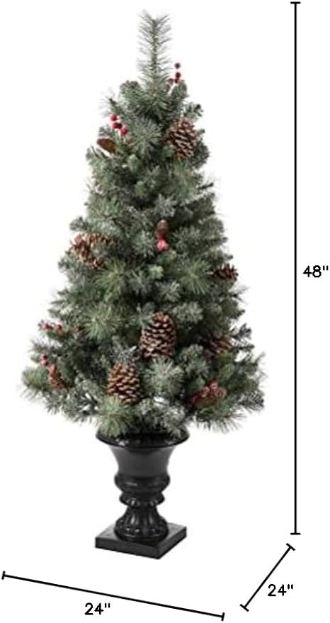 Glitzhome 4ft Christmas Tree,Pre-Lit Artificial Small Christmas Tree for Entrance Flocked Potted Tree with 100 Warm White Lights,224 Pine Needle&PVC Branch Tips,Pinecones&Berries for Porch Xmas Decor
