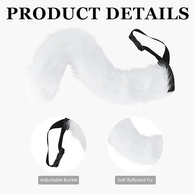 4 Pcs Faux Fur Fox Tail Cat Wolf Cosplay Costume Set for Men Women Therian Mask Paw and Tail Set for Halloween Christmas Party, a Fox Mask, a Pair of Paw Gloves and a Tail (White)