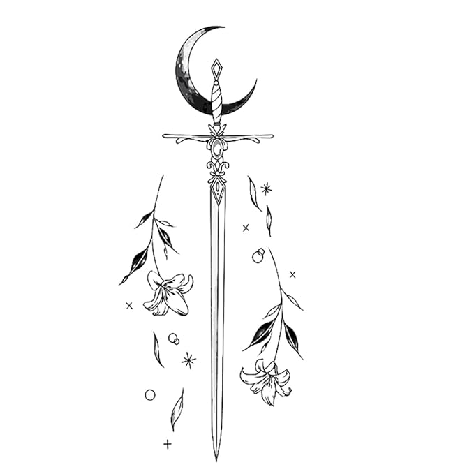 INKARTLINK Tattoo Tech, 2 Sheets Medium Semi Permanent Tattoo, Adult Art Design Temporary Tattoos, Lasts 1-2 Weeks, Waterproof, Realistic Look (Floral Language Series: Moonlight Sword Design)
