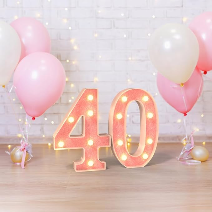 Marquee Numbers Light up Numbers, 0-9 Number Battery Powered LED Light, Pink Glitter Plastic Numbers for 40th Birthday Decorations, Number Decor for Graduation Engagement Wedding Birthday (Number 40)