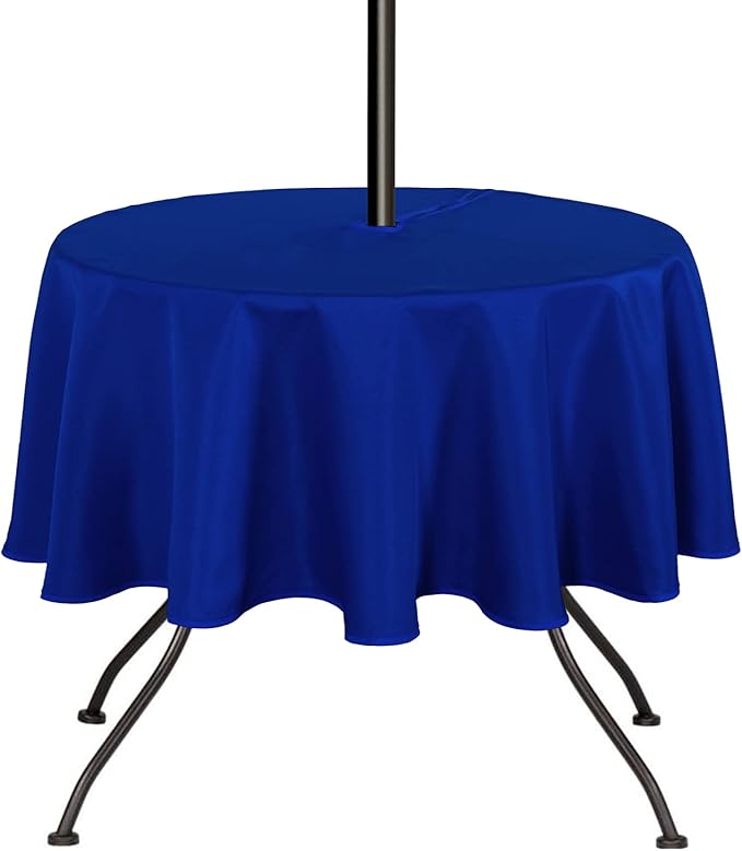 SARAFLORA Outdoor and Indoor Tablecloth -60 inch Round, Blue Wrinkle Free Washable Waterproof Table Cloth with Umbrella Hole and Zipper Round Table Cover for Spring/Summer/Patio/Picnic/BBQS/Party