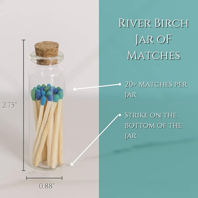 River Birch Decorative Matches in a Bottle with Striker - Cute & Colored Matches - 3 Bottles, Sea Glass Tip, 60 Matches