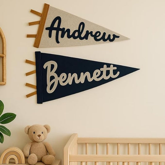 Personalized Name Pennant Flag, Handmade Custom Felt Nursery Pennant for Boy Girl, Baby Name Banner Flag Wall Hanging for Bedroom Dorm Baby Shower Kids Room