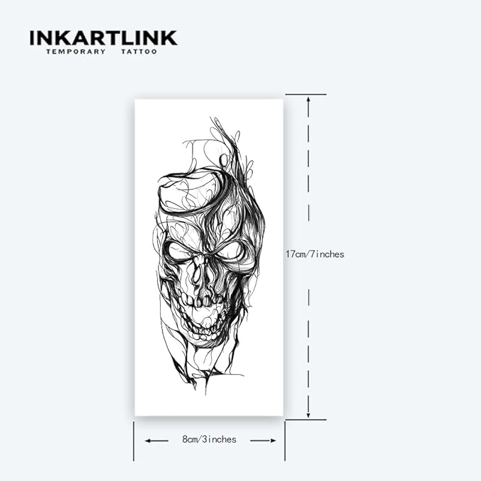 INKARTLINK Tattoo Tech, 2 Sheets Large Semi Permanent Tattoo, Adult Art Design Temporary Tattoos, Lasts 1-2 Weeks, Waterproof, Realistic Look, No Adhesive, No Reflection (Skull Head Design)