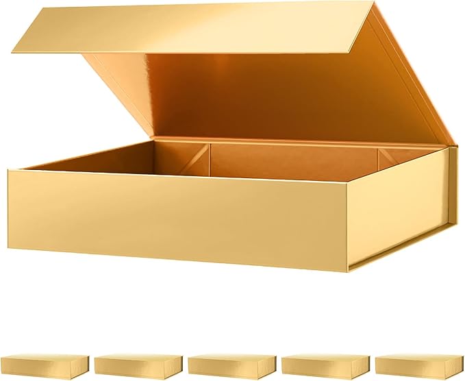 PACKHOME 6 Christmas Gift Boxes 11.5x8x2.5 Inches, Sturdy Shirt Boxes with Magnetic Lids for Multiple Occasions (Glossy Gold)