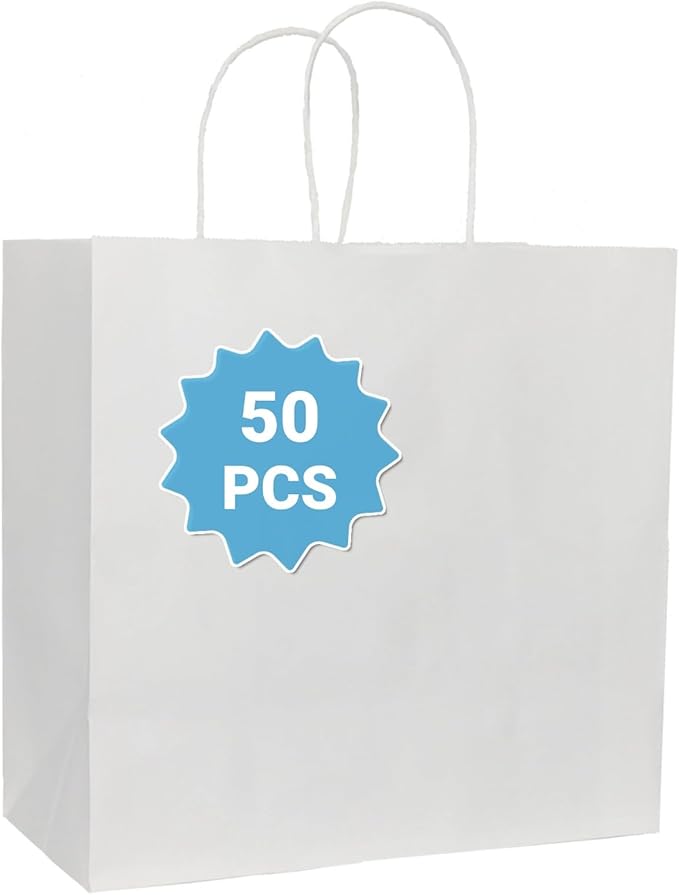 COGLARING 50Pcs White Gift Bags with Handles - 11x5.9x11 Inch Kraft Paper Bag Bulk for Weddings, Parties, Retail & Gift Wrapping - White Paper Bags
