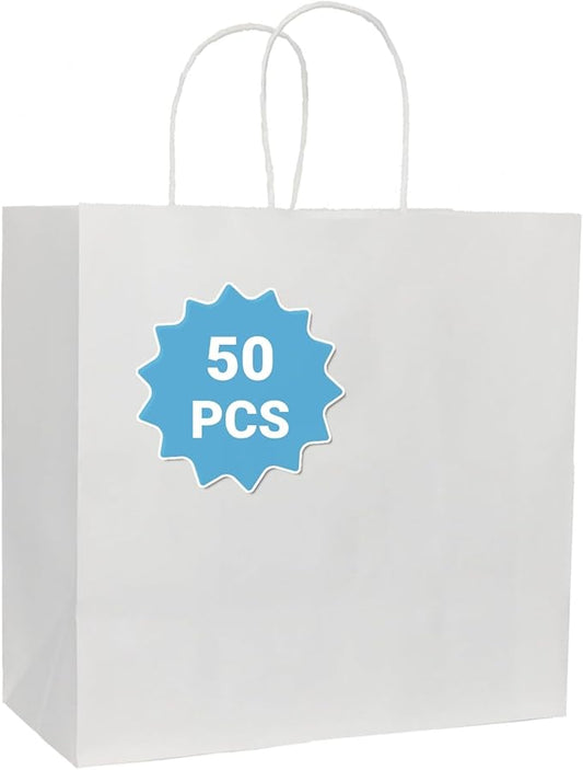 COGLARING 50Pcs White Gift Bags with Handles - 11x5.9x11 Inch Kraft Paper Bag Bulk for Weddings, Parties, Retail & Gift Wrapping - White Paper Bags