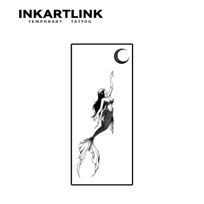 INKARTLINK Temporary Tattoos, 2 Sheets Medium Semi Permanent Tattoo Adult Art Design Waterproof Temp Tattoo Stickers Realistic Look, No Adhesive, Lasts 1-2 Weeks Black (Mermaids)