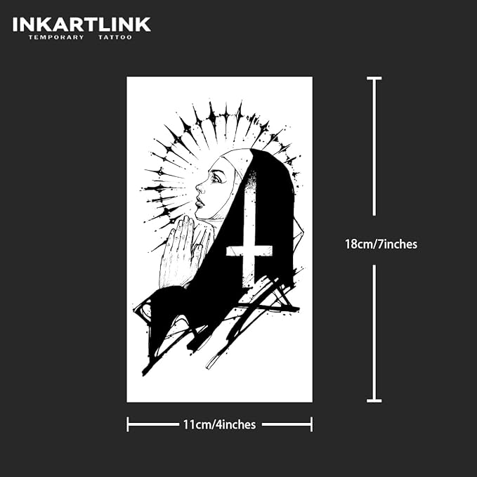 INKARTLINK Tattoo Tech, 2 Sheets Extra Large Semi Permanent Tattoo, Adult Art Design Temporary Tattoos, Lasts 1-2 Weeks, Waterproof, Realistic Look, No Adhesive, No Reflection (Pious Nun)