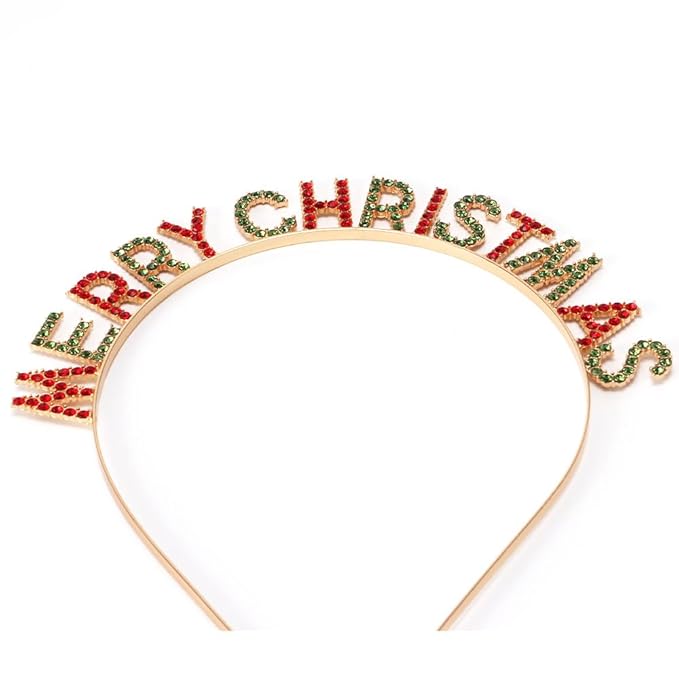 Merry Christmas Rhinestone Headband for Women Girls, Xmas Crystal Hair Hoop Christmas Party Hair Accessories Gift (Red-green)