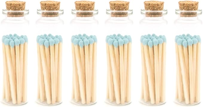 River Birch Decorative Matches in a Bottle with Striker - Cute & Colored Matches - 6 Bottles, Baby Blue Tip, 120 Matches