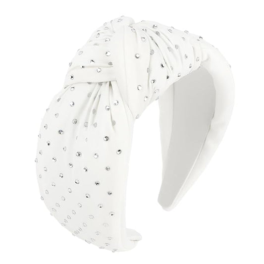 YISSION White Rhinestone Knotted Headband for Women, Sparkly Crystal Embellished Hair Hoop, Elegant Wide Top Knot Hair Accessory for Party, Wedding, Daily Styling