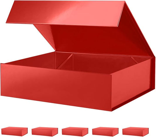 PACKHOME 6 Christmas Large Gift Boxes 13.5x10x3.5 Inches, Sturdy Shirt Boxes with Magnetic Lids for Multiple Occasions (Glossy Red)