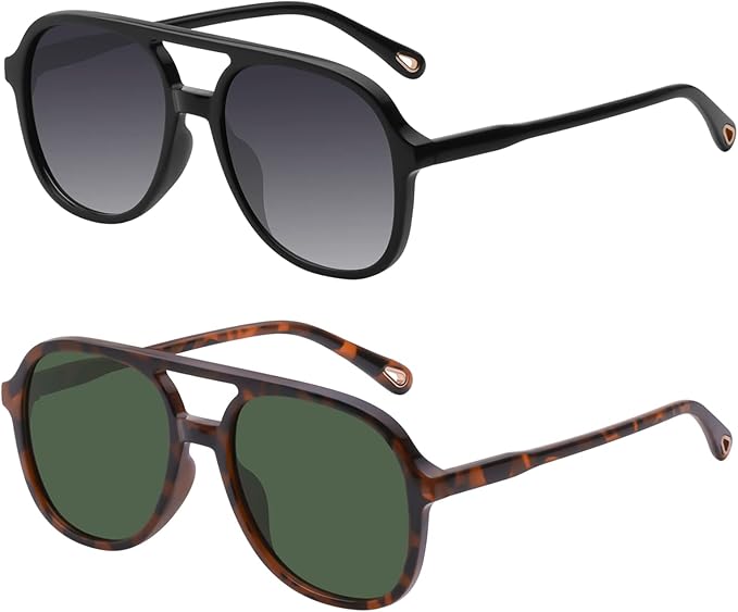 YDAOWKN Retro Square Aviator Sunglasses for Womens Mens Vintage 70s Double Bridge Sun Glasses