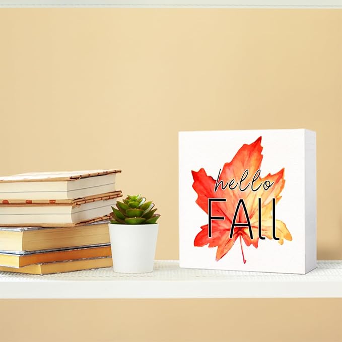 Funny Hello Fall Wood Box Sign Hello Autumn Maple Leaves Wooden Block Desk Decor for Home Office Kitchen Cubicle Table Shelf Tabletop,Farmhouse Fall Sign Decor