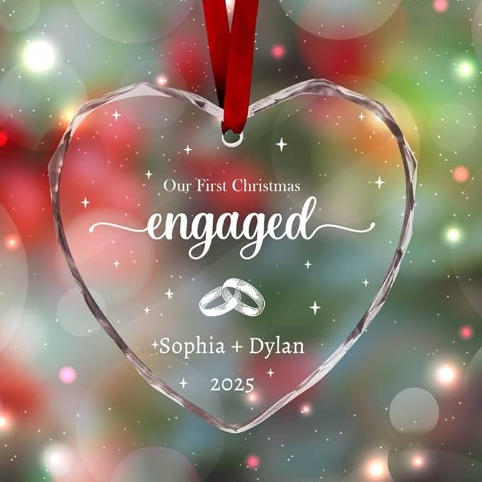 Personalized Crystal Glass Christmas Heart Ornaments Custom 2025 Name Ornament for Tree Decorations Customized First Christmas Engaged Tree Hanging Gifts for Lovers