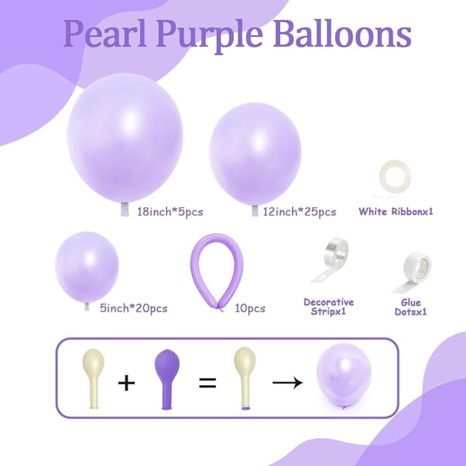 Pearl Purple Balloon Double Stuffed Lavender Balloons Garland Dark Royal Purple Arch Kit with Long Balloons Different Size for Birthday Wedding Baby Shower Mermaid Decoration