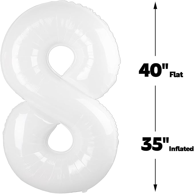Helium Foil White Number 8 Balloon 40 Inch, Mylar Eight Numbers 8 18 28 38 48 58 80 88 Birthday Balloons, White Women Men Anniversary Graduations Party Supplies