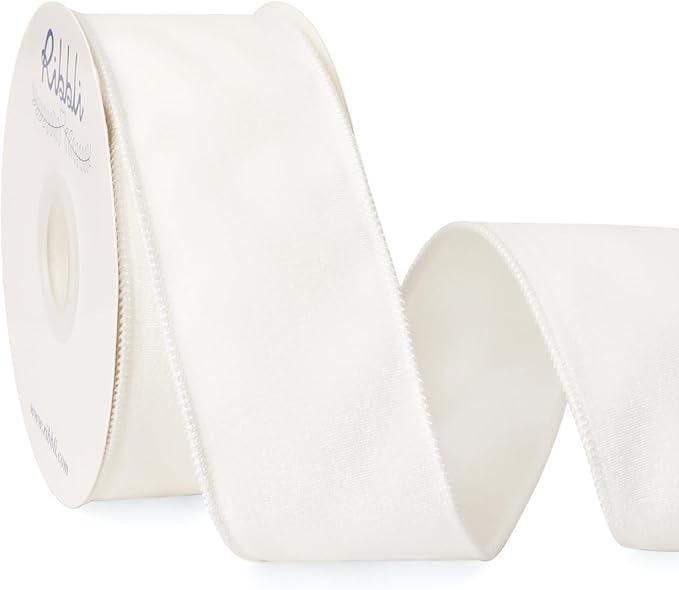 Ribbli White Velvet Wired Ribbon 2.5 Inch Velvet with Satin Christmas Ribbon for Christmas Tree Gift Wrapping Crafts Wreaths Supplies-Continuous 10 Yards