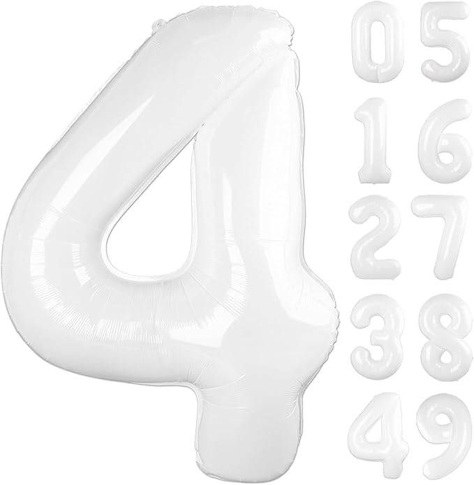 40 Inch White Large Number 4 Birthday Balloon, Giant Number Four 14 24 34 40 44 Balloons, White Foil Mylar Big Balloons for Anniversary Graduation Supplies Decorations