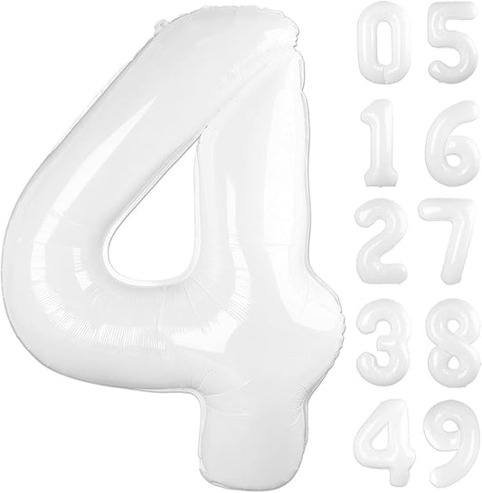40 Inch White Large Number 4 Birthday Balloon, Giant Number Four 14 24 34 40 44 Balloons, White Foil Mylar Big Balloons for Anniversary Graduation Supplies Decorations