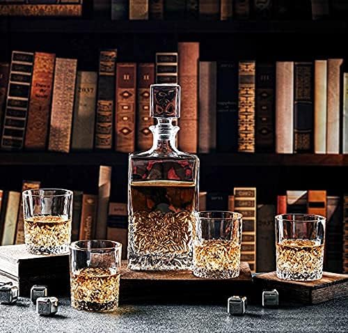 Whiskey Decanter Glasses Set Lead-Free Crystal Glass Scotch Tasting Cups Wine Bottle for Drinking Irish Whisky Bourbon Tequila tumbler (Leaves, 1 Decanter & 6 Glasses Set)