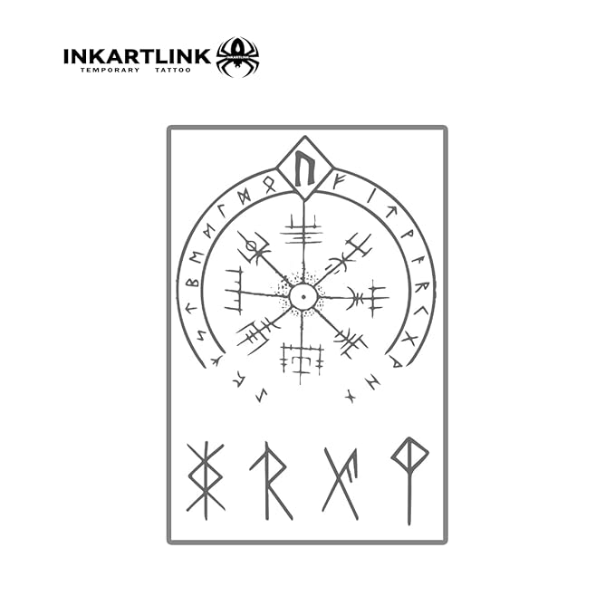 INKARTLINK Semi-permanent Tattoo, Fake Palm Tattoo, Suitable for Men and Women, Realistic, Waterproof and Cruelty-free (Viking Symbol Compass)
