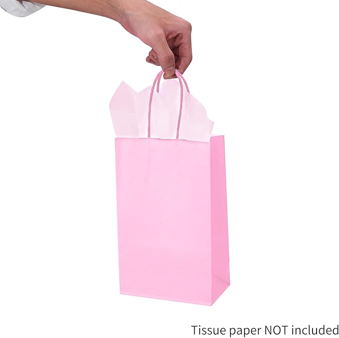 DjinnGlory 100 Pack Small Sized Pink Paper Gift Bags with Handles Bulk for Small Business, Boutiques, Baby Showers, Party Favors & Care Packages, 9x5.5x3.15 Inch