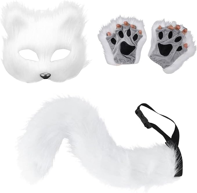 4 Pcs Faux Fur Fox Tail Cat Wolf Cosplay Costume Set for Men Women Therian Mask Paw and Tail Set for Halloween Christmas Party, a Fox Mask, a Pair of Paw Gloves and a Tail (White)