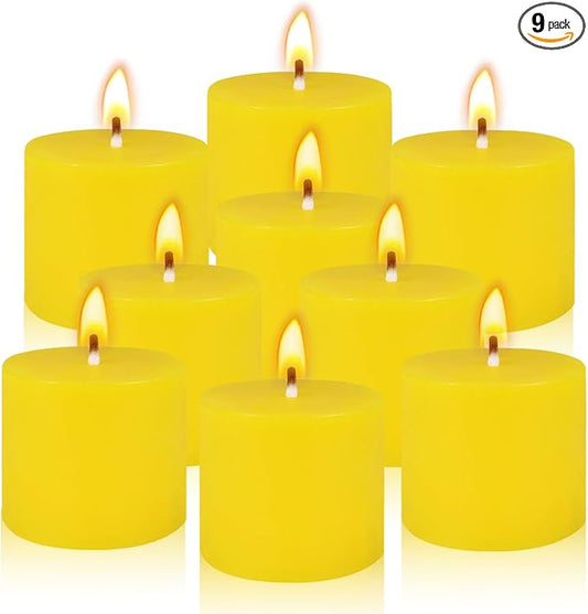 9 Packs Yellow Votive Candles, Small Unscented 1.25 Inch by 1.5 Inch Diameter Wax Colored Candles for Wedding, Party, Table Holiday & Home Decoration - 8 Hours Burn Time
