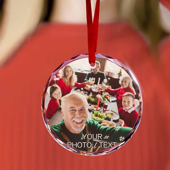 Personalized Round Christmas Crystal Glass Ornaments Custom 2025 Photo Ornament for Christmas Tree Decor Customized Xmas Tree Hanging Gifts for Family