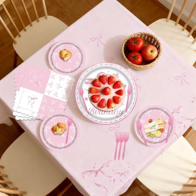 101Pcs Bow Birthday Decorations Pink Bow Themed Party Tableware Set-Paper Plates and Napkins,Forks,Pink Bow Tablecloths for Baby Shower Party,Girls Birthday Party,Serves 25 Guests