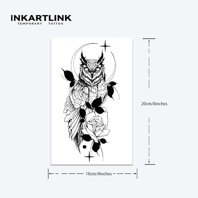 INKARTLINK Tattoo Tech,2 Sheets Extra-Large Semi Permanent Tattoo,Adult Art Design Temporary Tattoos, Lasts 1-2 Weeks, Waterproof, Realistic look, No Adhesive, No reflection (Owl Design）