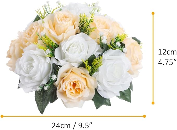 10Pcs Artificial Flower Ball Arrangement, 15 Flower Heads Wedding Roses Bouquet with Base Suitable for Parties Valentine's Day Wedding Centerpieces and Home Decor (Champagne & White)