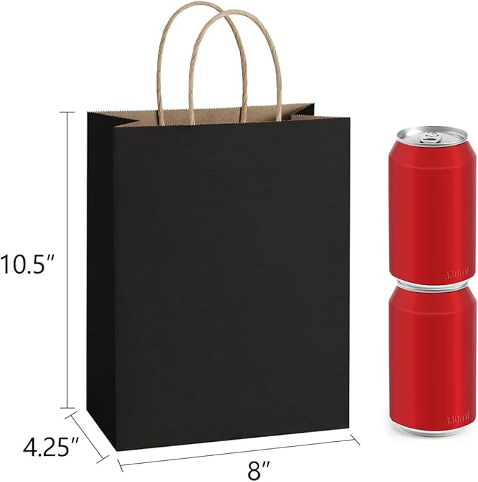 BagDream 25Pcs Black Gift Bags 8x4.25x10.5 Kraft Paper for Gifts, Shopping Retail Merchandise Grocery Sacks, Black Paper Bags with Handles Bulk Medium