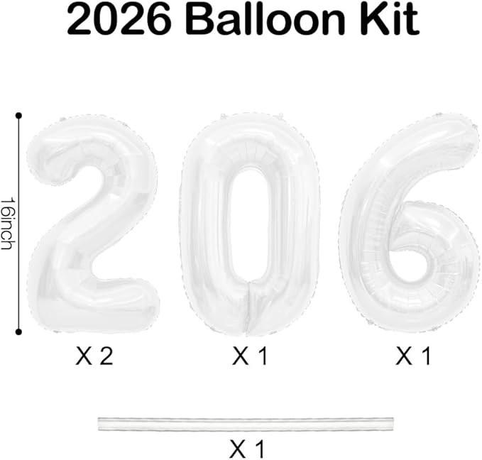 2026 Balloons, 2026 Number Balloons, 2026 White Balloon, Foil Happy New Year Balloon for New Year Eve Party Supplies 2026 Graduation Decorations Anniversary Birthday Home Office Decorations, 16 Inch