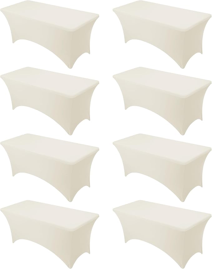 8-Pack Premium Cream Spandex Tablecloths for 6ft Rectangle Tables, Stain & Wrinkle-Resistant, Washable Stretch Polyester Fitted Table Cover for Weddings, Banquets, Trade Shows Events