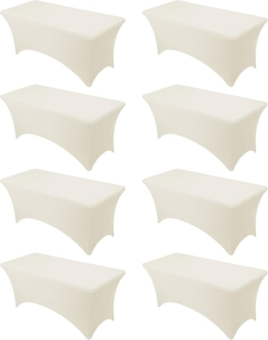8-Pack Premium Cream Spandex Tablecloths for 6ft Rectangle Tables, Stain & Wrinkle-Resistant, Washable Stretch Polyester Fitted Table Cover for Weddings, Banquets, Trade Shows Events