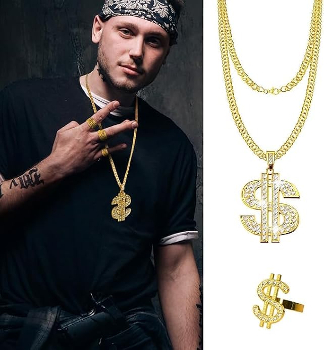 80s 90s Hip Hop Costume Accessories Set - 7 Pcs Rapper Party Outfit Kit with Inflatable Radio & Cell Phone, Dollar Necklace & Ring, 90s Style Bucket Hat, Retro Sunglasses & Air Pump