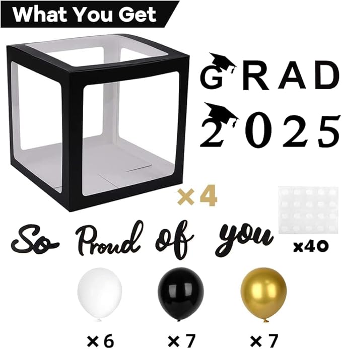 2025 Graduation Party Decoration Black Balloon Boxes with Letters 2025 Grad & So Proud of You and 20 pcs Ballons