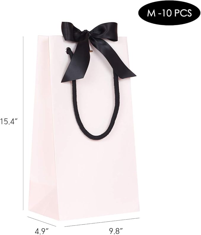PAPERIST 10pcs Elegance Gift Bag with Satin Bows Ribbon, Sturdy Durable Thick Gift Bag, White gift bag with Black handle and Ribbon, Gift bag for Wedding, Christmas, Birthday Party, Bridal Shower