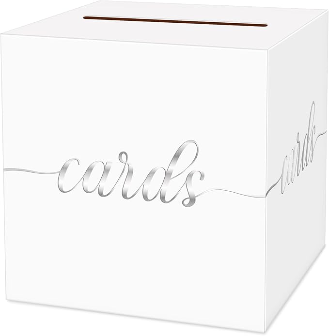 1 Pack White and Silver Foil Card Box for Party, 8.7" White Gift Card Box for Birthday, Wedding, Baby Shower, Retirement, Anniversary, Graduation, Raffle Ticket