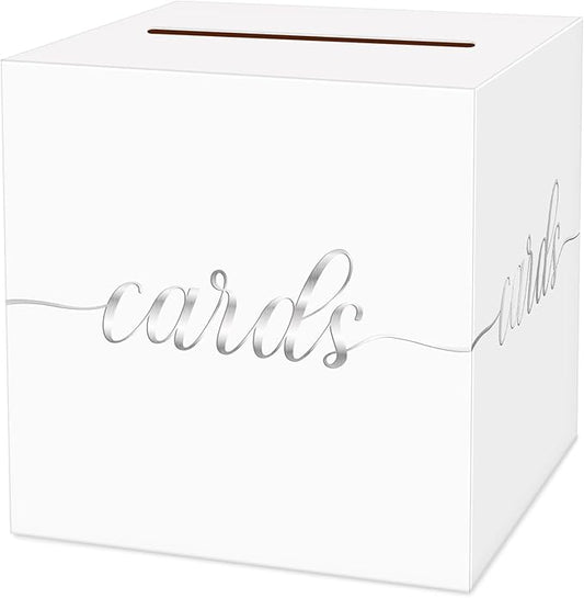 1 Pack White and Silver Foil Card Box for Party, 8.7" White Gift Card Box for Birthday, Wedding, Baby Shower, Retirement, Anniversary, Graduation, Raffle Ticket
