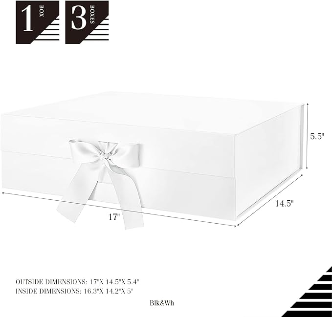 BLK&WH Large White Gift Boxes with Lids- 3 Extra Large Boxes, 16.3x14.2x5 Inches, Perfect for Presents, Bridesmaid Proposals, Big Gifts and Clothes