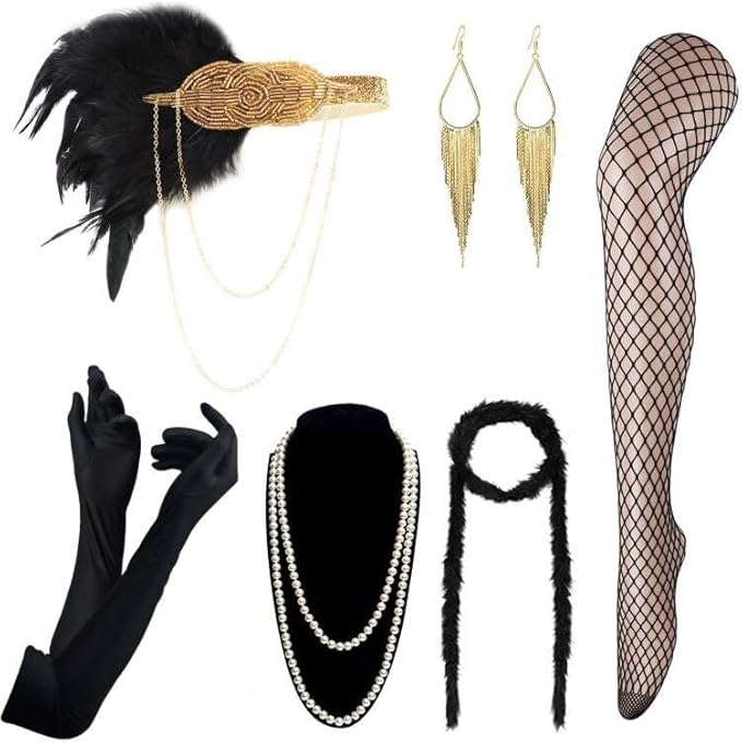 DRESHOW 1920s Great Gatsby Accessories for Women Flapper Headpiece Headband Gloves Costume Harlem Nights Accessories Set