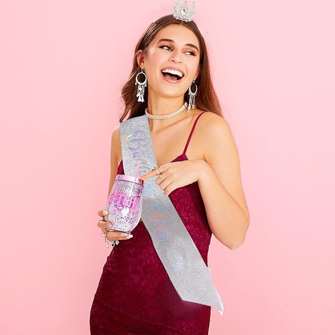 Birthday Queen Sash for Women Tiara & Crowns Headbands for Girls Happy Birthday Party Accessories Favor Supllies Leona Silver Pink, 2 Pack