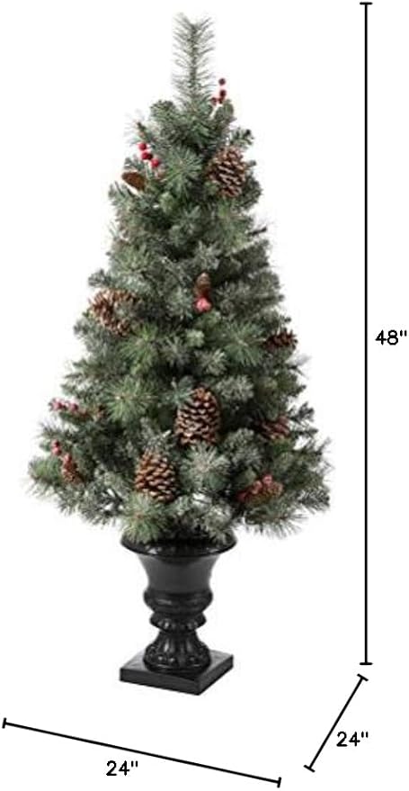 Glitzhome 2 Pack 4ft Pre-Lit Flocked Small Christmas Tree with Pinecones & Berries,100 Warm White Lights, 224 PVC & Pine Needle Mixed Branch Tips, Potted Christmas Tree for Porch Home Office